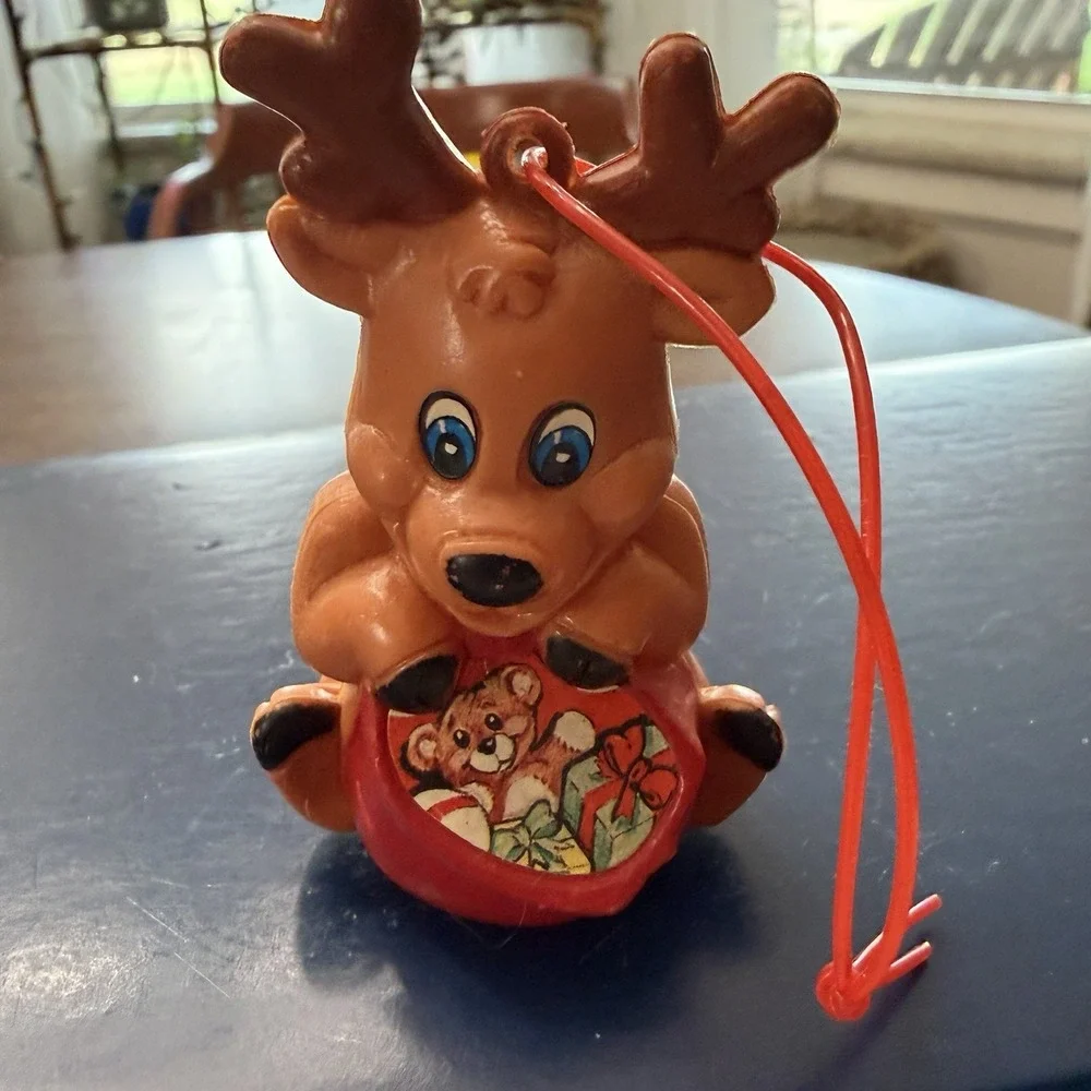 Vintage Plastic Reindeer Christmas Ornament Teddy Bear Toy Sack Tree Decoration
